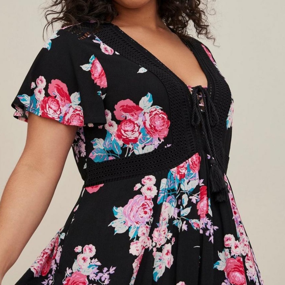 Torrid Floral Gauze Lace Up Skater Dress - Picture 2 of 15